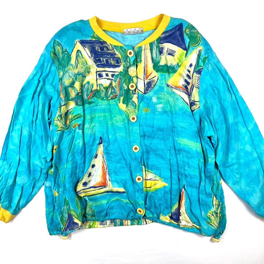 Nino Wong Artsy Colorful‎ Blouse Top Women's XL (Untagged) Sailboat Island Print